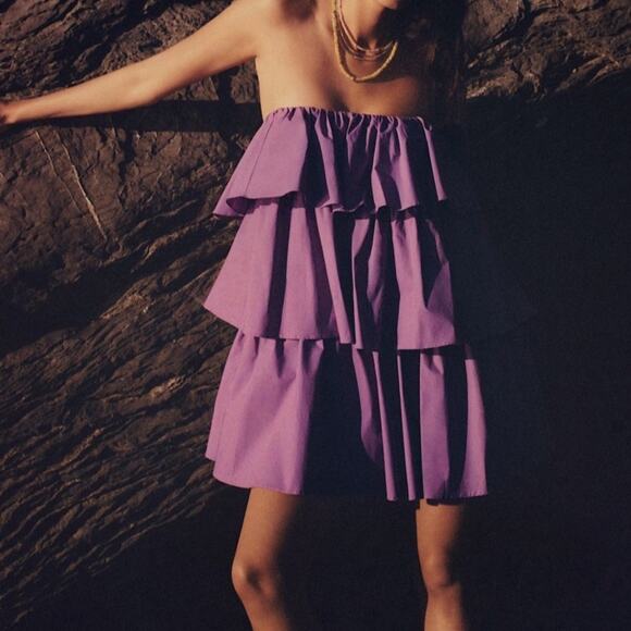 Anthro Corey Lynn Calter Balbina Strapless Mini Dress Ruffle Mauve Small New - Picture 14 of 15